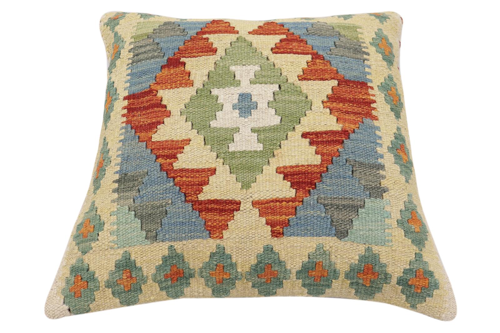 handmade Traditional Pillow Rust Blue Hand-Woven SQUARE 100% WOOL Hand woven turkish pillow2' x 2'