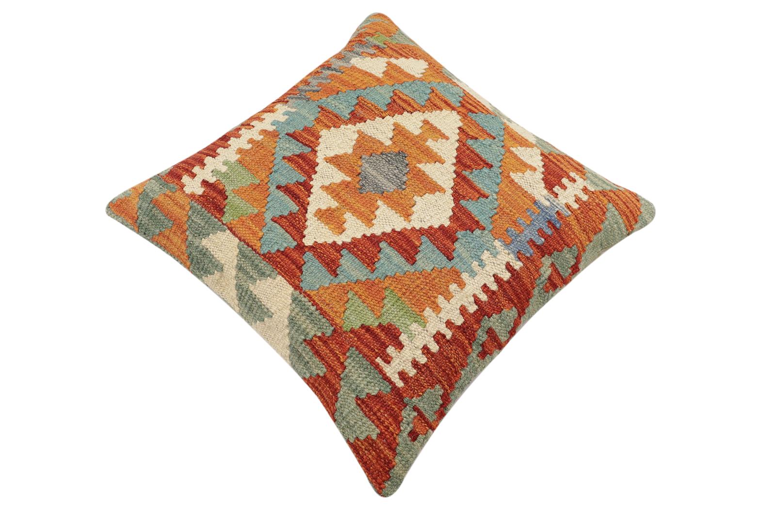 handmade Traditional Pillow Rust Blue Hand-Woven SQUARE 100% WOOL Hand woven turkish pillow2' x 2'