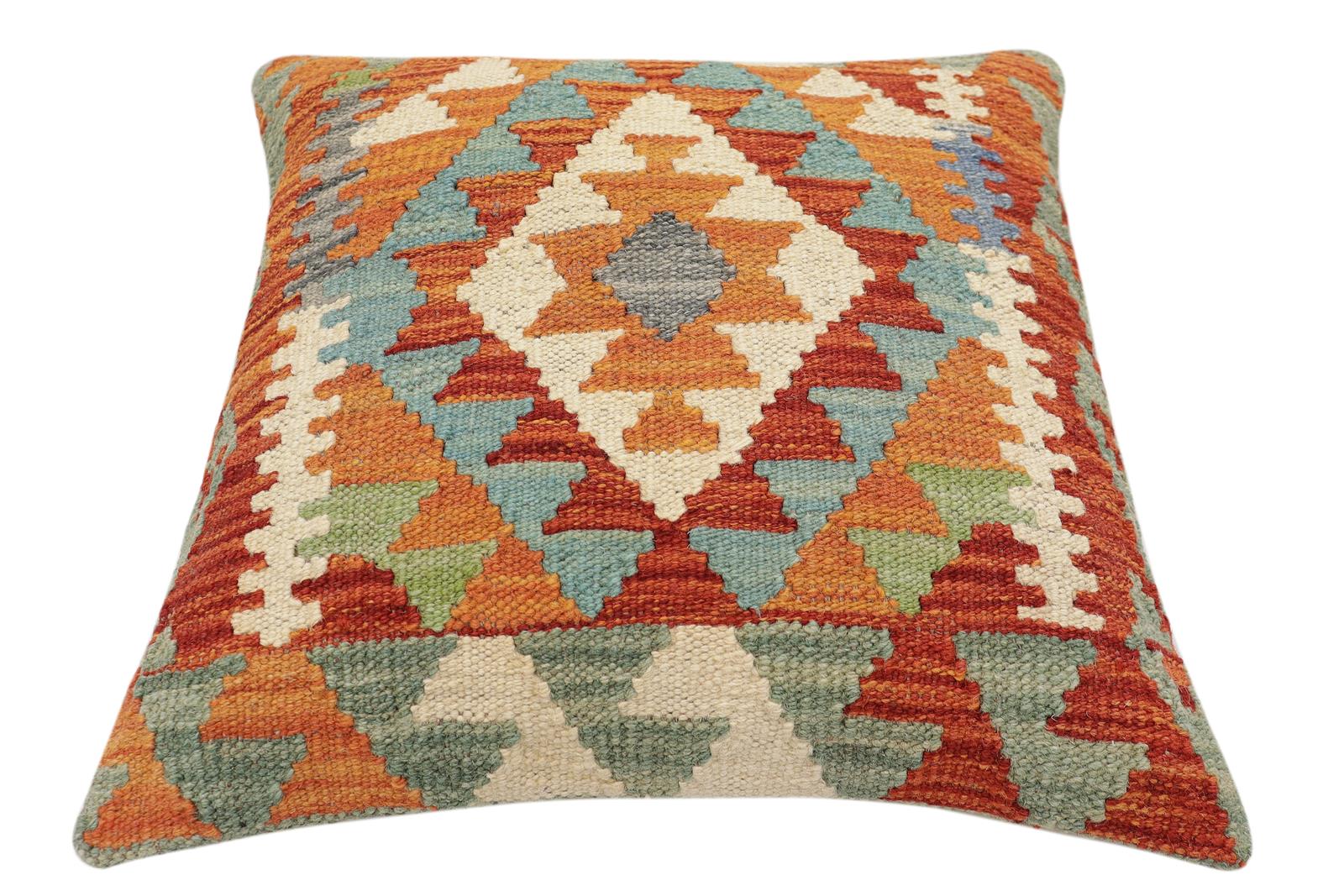 handmade Traditional Pillow Rust Blue Hand-Woven SQUARE 100% WOOL Hand woven turkish pillow2' x 2'