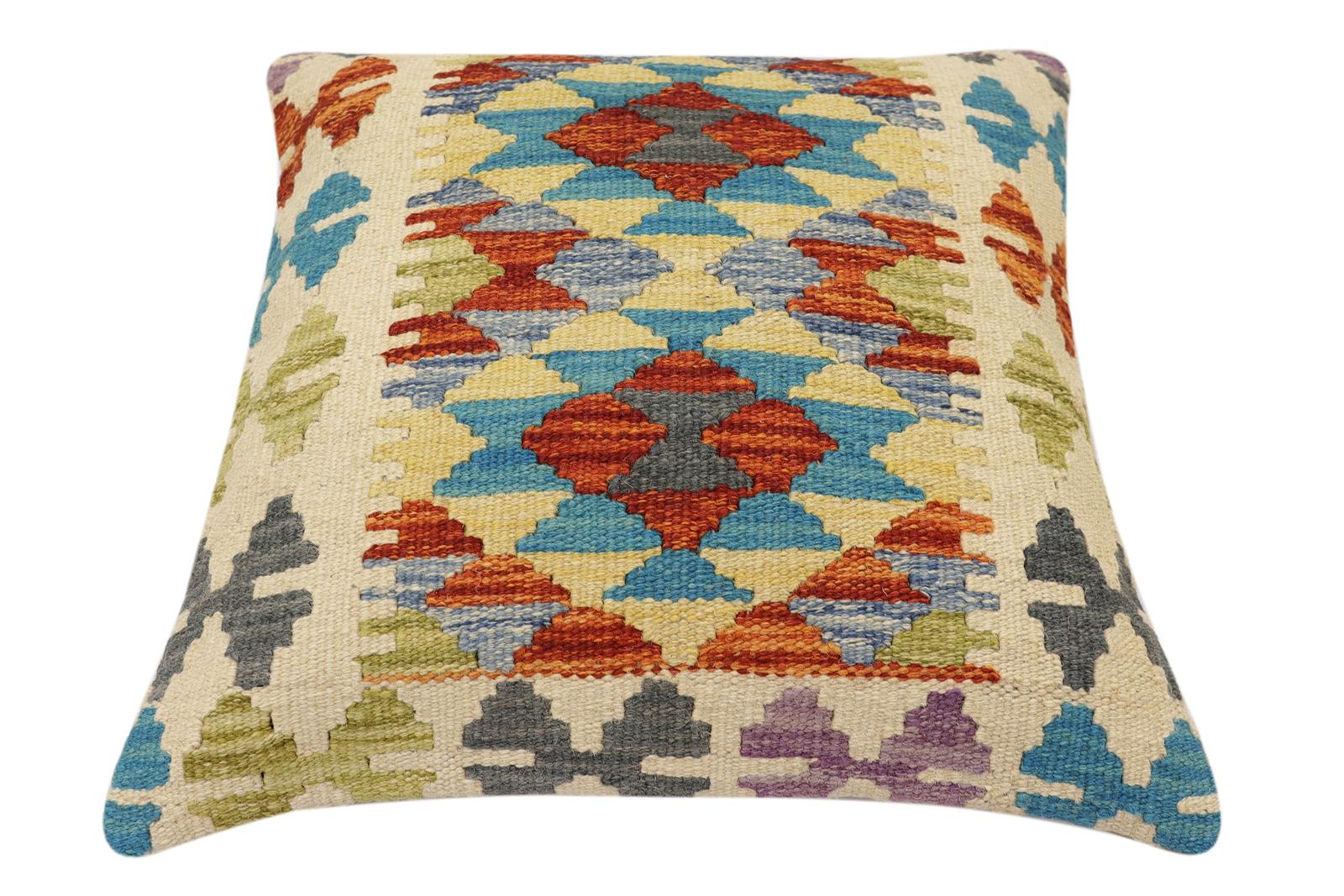 handmade Traditional Pillow Rust Blue Hand-Woven SQUARE 100% WOOL Hand woven turkish pillow2' x 2'