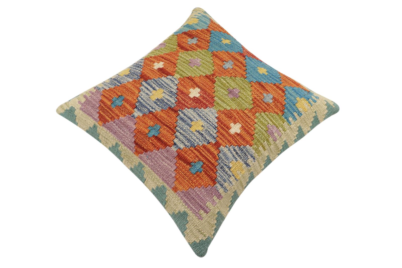 handmade Traditional Pillow Rust Blue Hand-Woven SQUARE 100% WOOL Hand woven turkish pillow2' x 2'