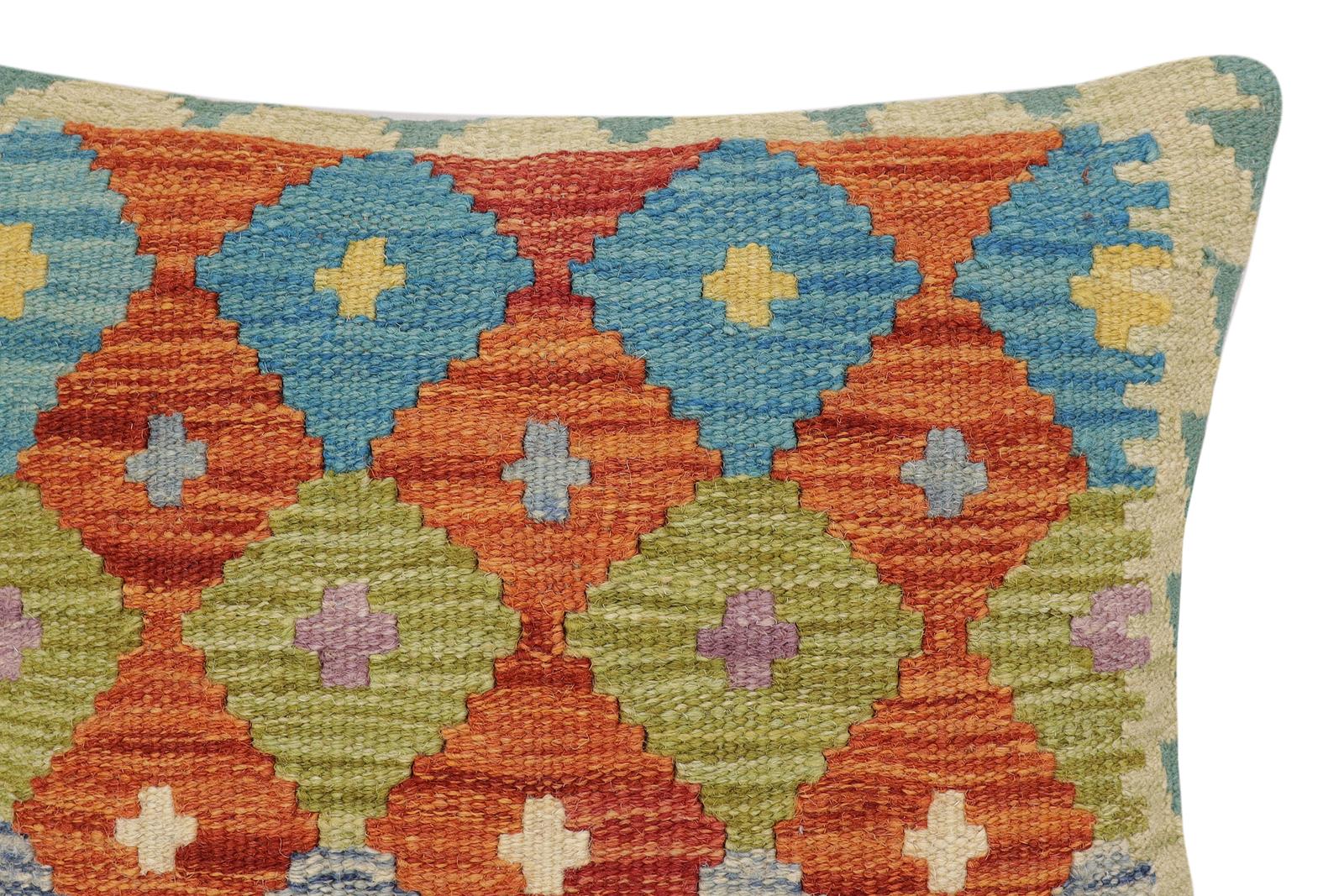 handmade Traditional Pillow Rust Blue Hand-Woven SQUARE 100% WOOL Hand woven turkish pillow2' x 2'