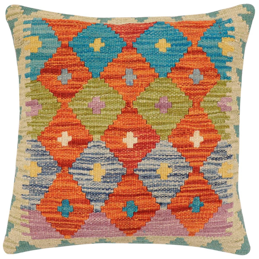 handmade Traditional Pillow Rust Blue Hand-Woven SQUARE 100% WOOL Hand woven turkish pillow2' x 2'