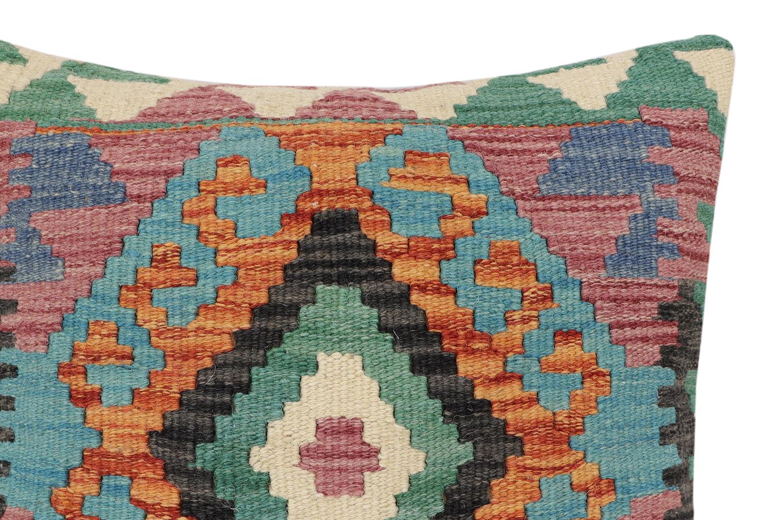 handmade Traditional Pillow Rust Blue Hand-Woven SQUARE 100% WOOL Hand woven turkish pillow2' x 2'