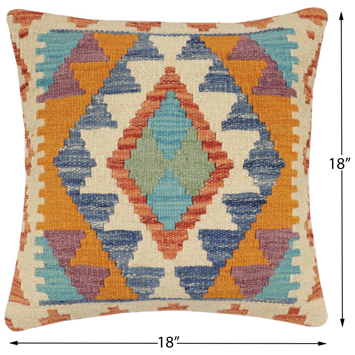 handmade Traditional Pillow Rust Blue Hand-Woven SQUARE 100% WOOL Hand woven turkish pillow2' x 2'