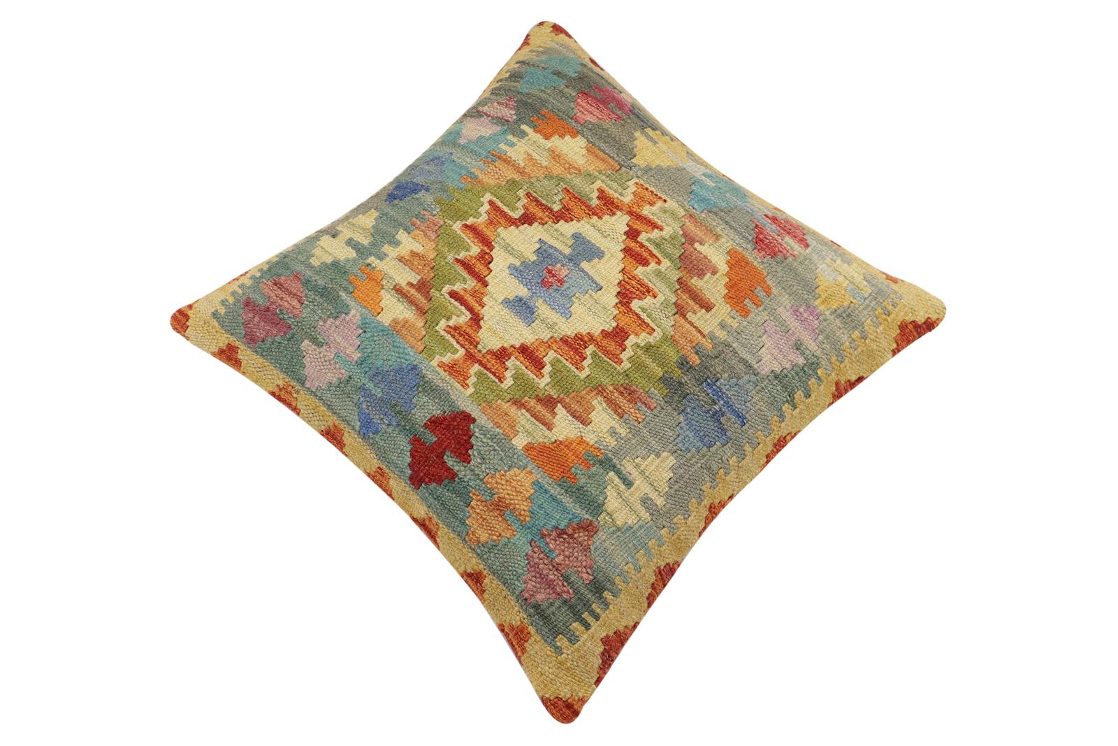 handmade Traditional Pillow Rust Blue Hand-Woven SQUARE 100% WOOL Hand woven turkish pillow2' x 2'