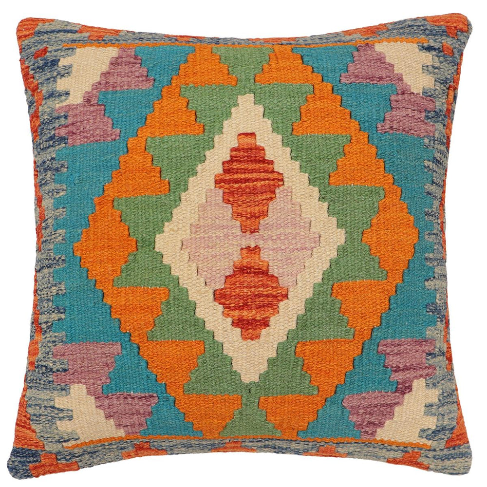 handmade Traditional Pillow Rust Blue Hand-Woven SQUARE 100% WOOL Hand woven turkish pillow2' x 2'