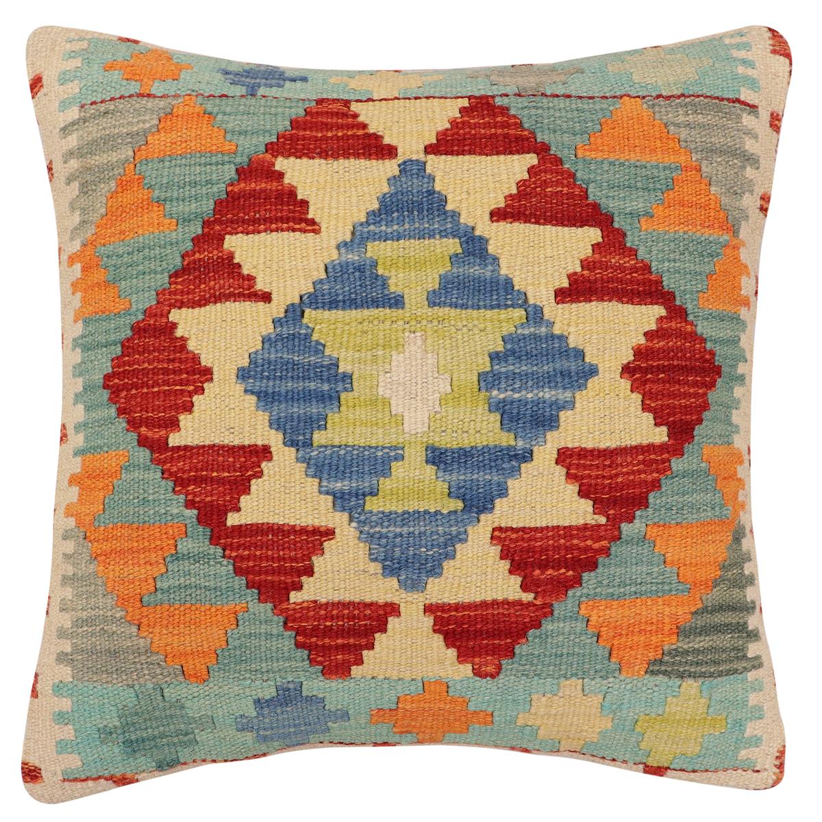 handmade Traditional Pillow Rust Blue Hand-Woven SQUARE 100% WOOL Hand woven turkish pillow2' x 2'
