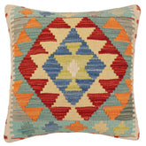 handmade Traditional Pillow Rust Blue Hand-Woven SQUARE 100% WOOL Hand woven turkish pillow2' x 2'