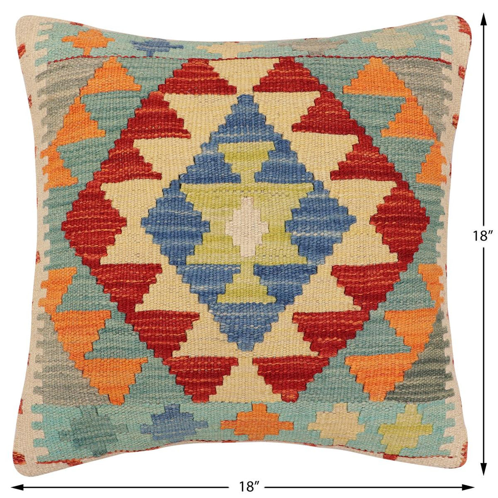 handmade Traditional Pillow Rust Blue Hand-Woven SQUARE 100% WOOL Hand woven turkish pillow2' x 2'