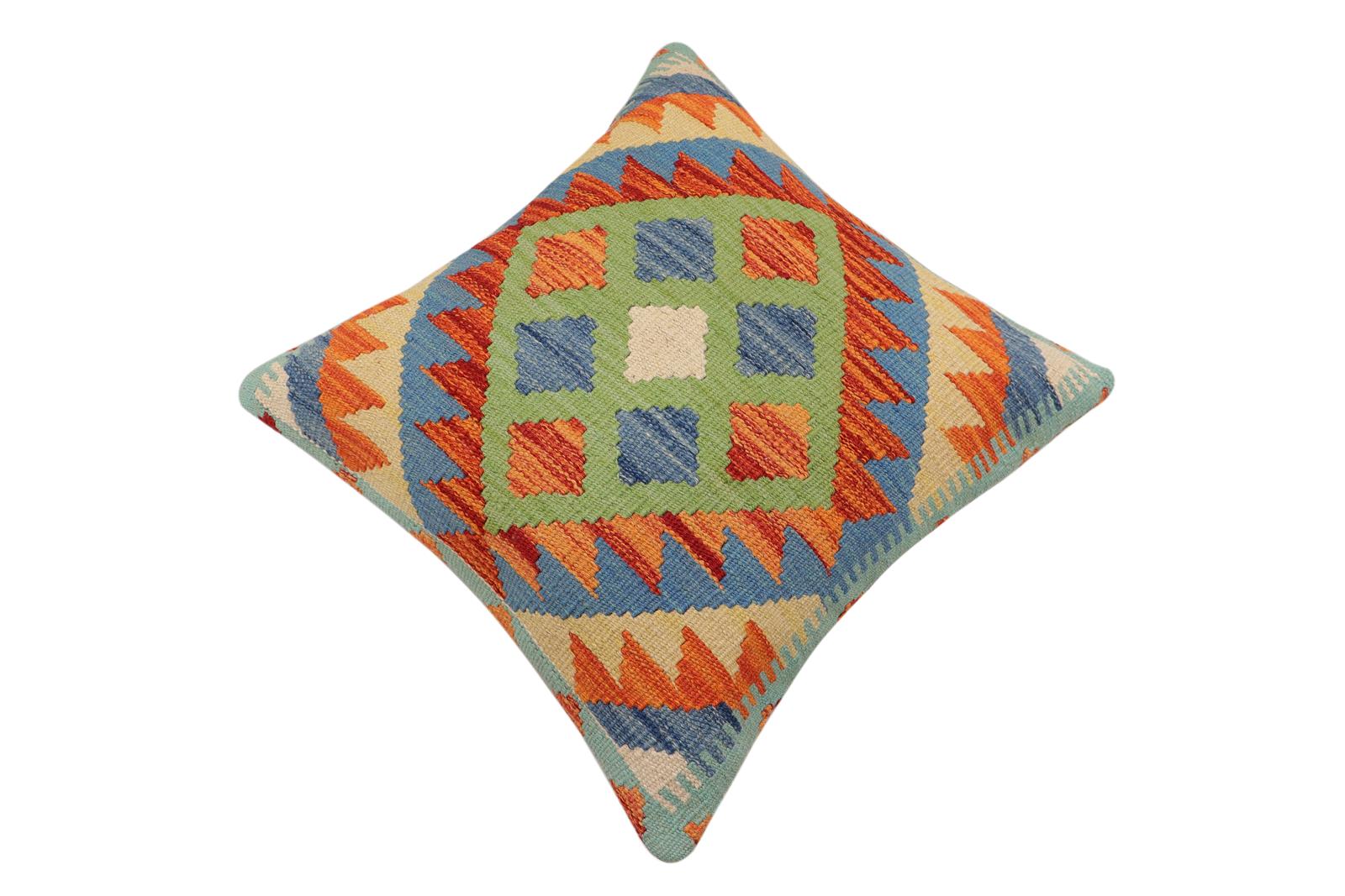 handmade Traditional Pillow Rust Blue Hand-Woven SQUARE 100% WOOL Hand woven turkish pillow2' x 2'
