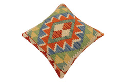 handmade Traditional Pillow Rust Blue Hand-Woven SQUARE 100% WOOL Hand woven turkish pillow2' x 2'