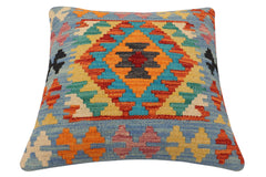 handmade Traditional Pillow Rust Blue Hand-Woven SQUARE 100% WOOL Hand woven turkish pillow2' x 2'