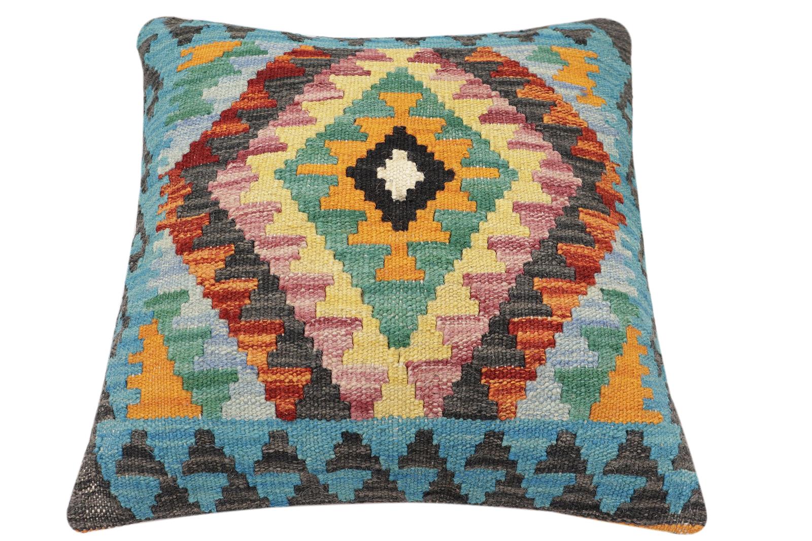handmade Traditional Pillow Rust Blue Hand-Woven SQUARE 100% WOOL Hand woven turkish pillow2' x 2'