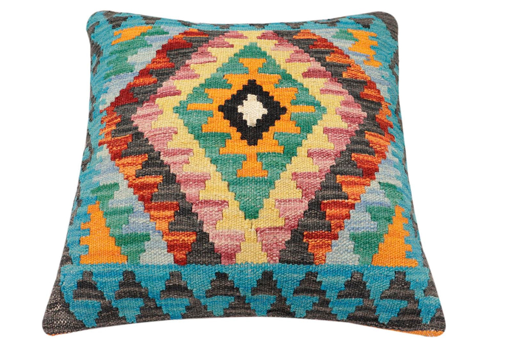handmade Traditional Pillow Rust Blue Hand-Woven SQUARE 100% WOOL Hand woven turkish pillow2' x 2'