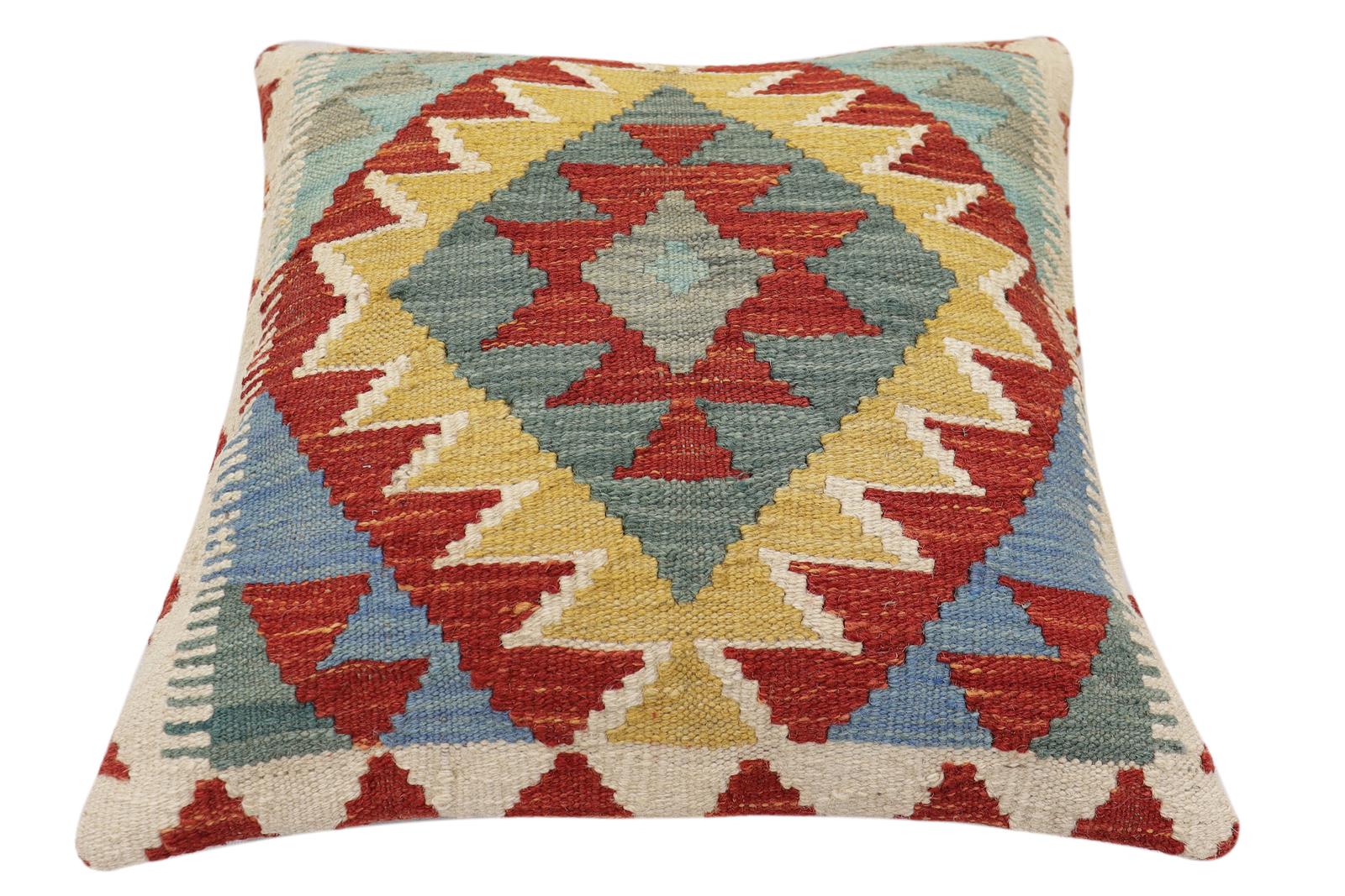 handmade Traditional Pillow Rust Blue Hand-Woven SQUARE 100% WOOL Hand woven turkish pillow2' x 2'