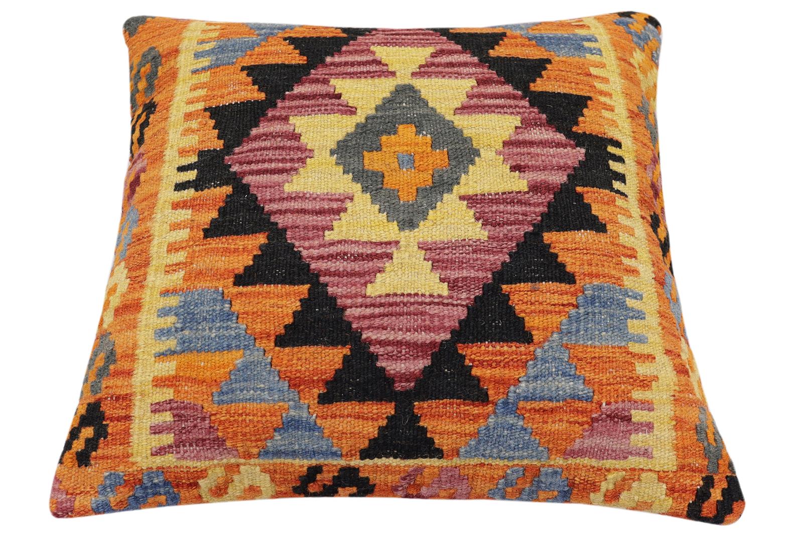handmade Traditional Pillow Rust Blue Hand-Woven SQUARE 100% WOOL Hand woven turkish pillow2' x 2'