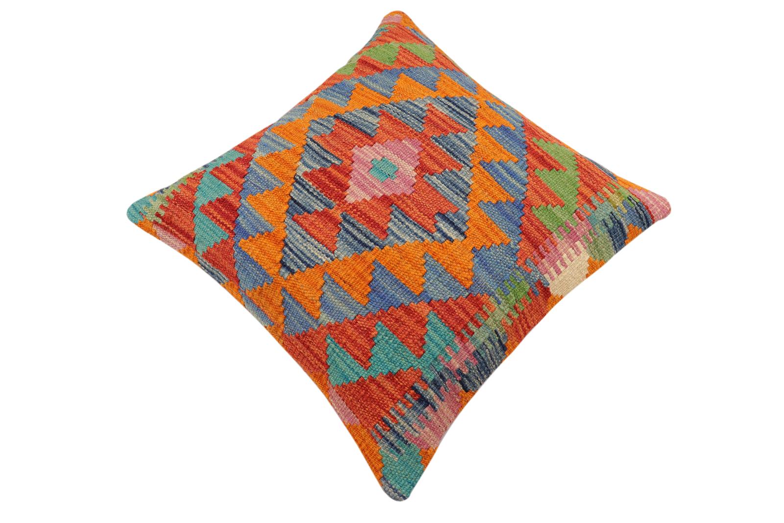 handmade Traditional Pillow Rust Blue Hand-Woven SQUARE 100% WOOL Hand woven turkish pillow2' x 2'