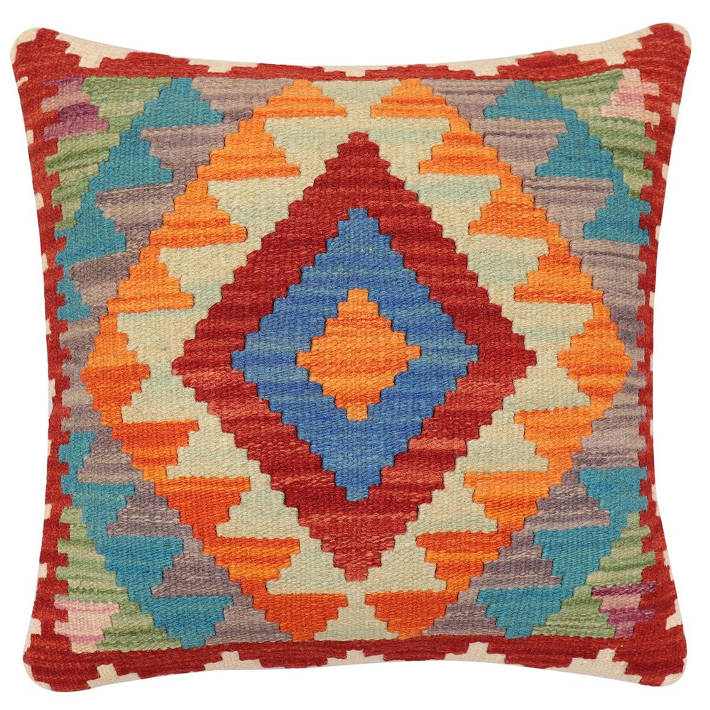 handmade Traditional Pillow Rust Blue Hand-Woven SQUARE 100% WOOL Hand woven turkish pillow2' x 2'