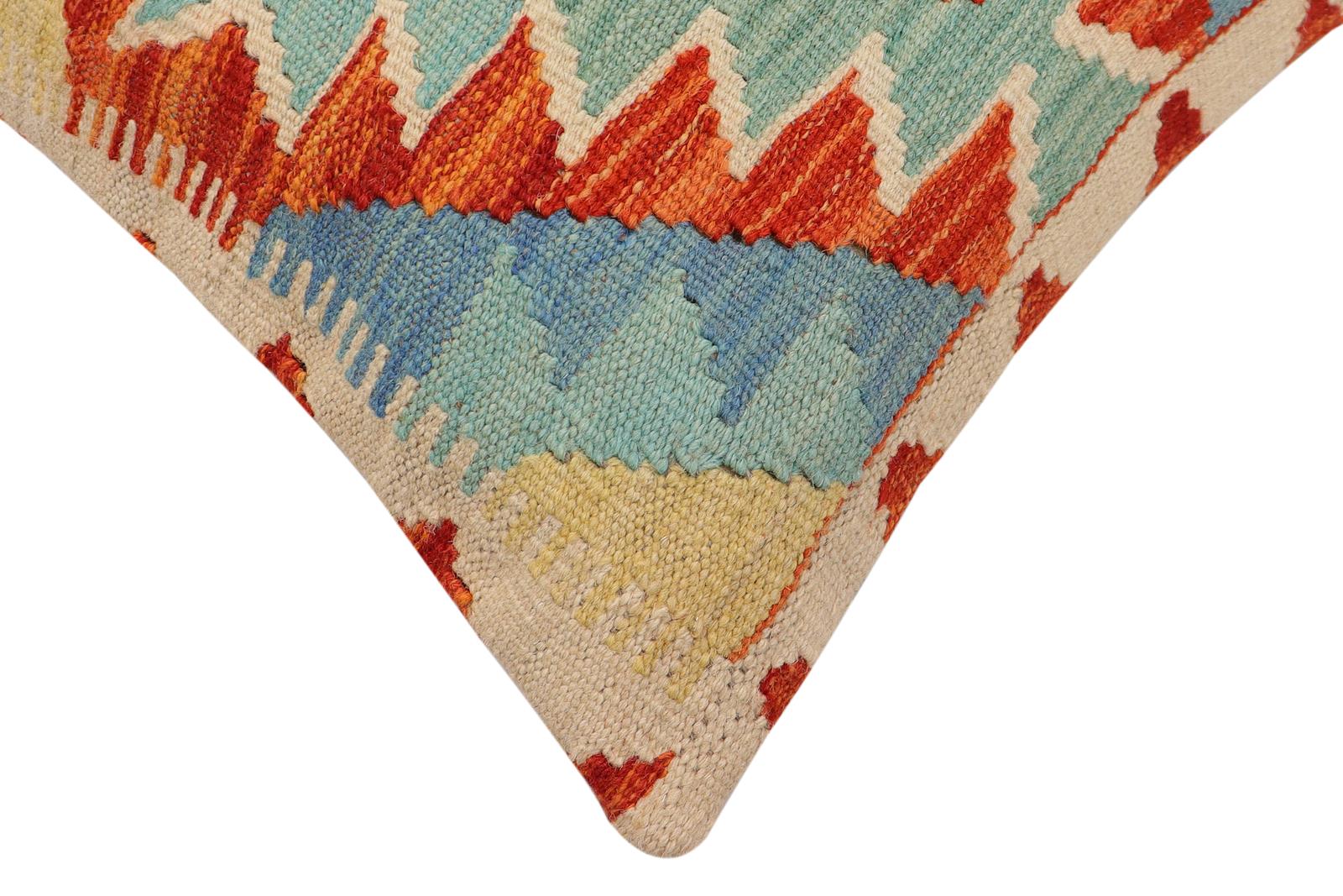 handmade Traditional Pillow Rust Blue Hand-Woven SQUARE 100% WOOL  Hand woven turkish pillow  2 x 2