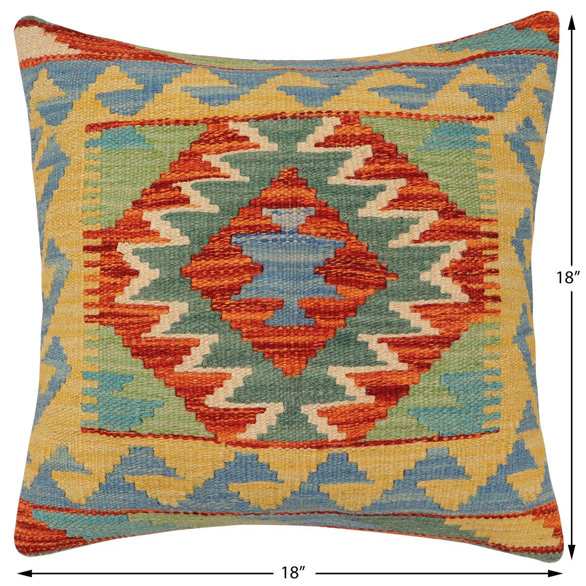 handmade Traditional Pillow Rust Blue Hand-Woven SQUARE 100% WOOL Hand woven turkish pillow2' x 2'