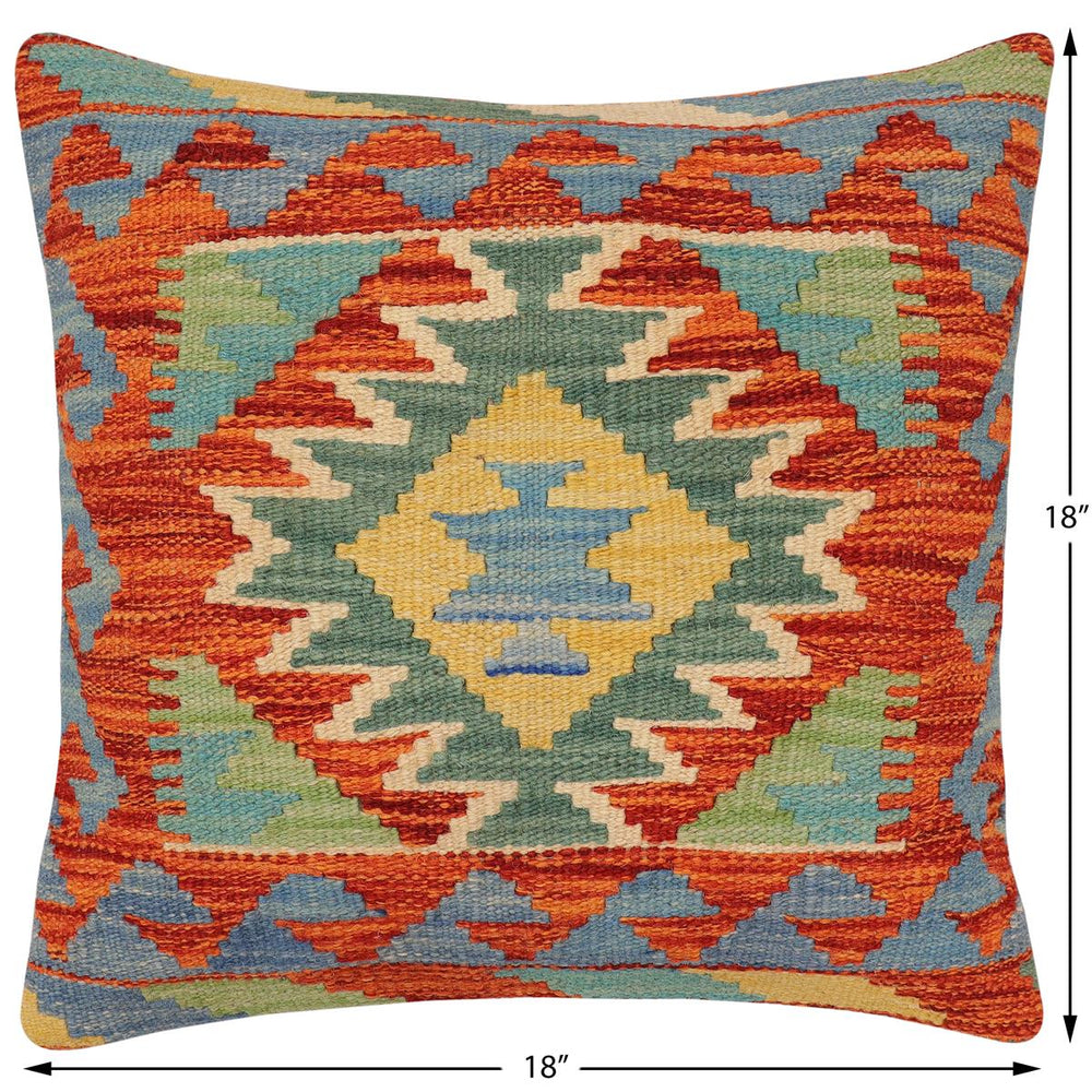 handmade Traditional Pillow Rust Blue Hand-Woven SQUARE 100% WOOL Hand woven turkish pillow2' x 2'