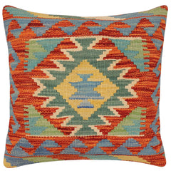handmade Traditional Pillow Rust Blue Hand-Woven SQUARE 100% WOOL Hand woven turkish pillow2' x 2'