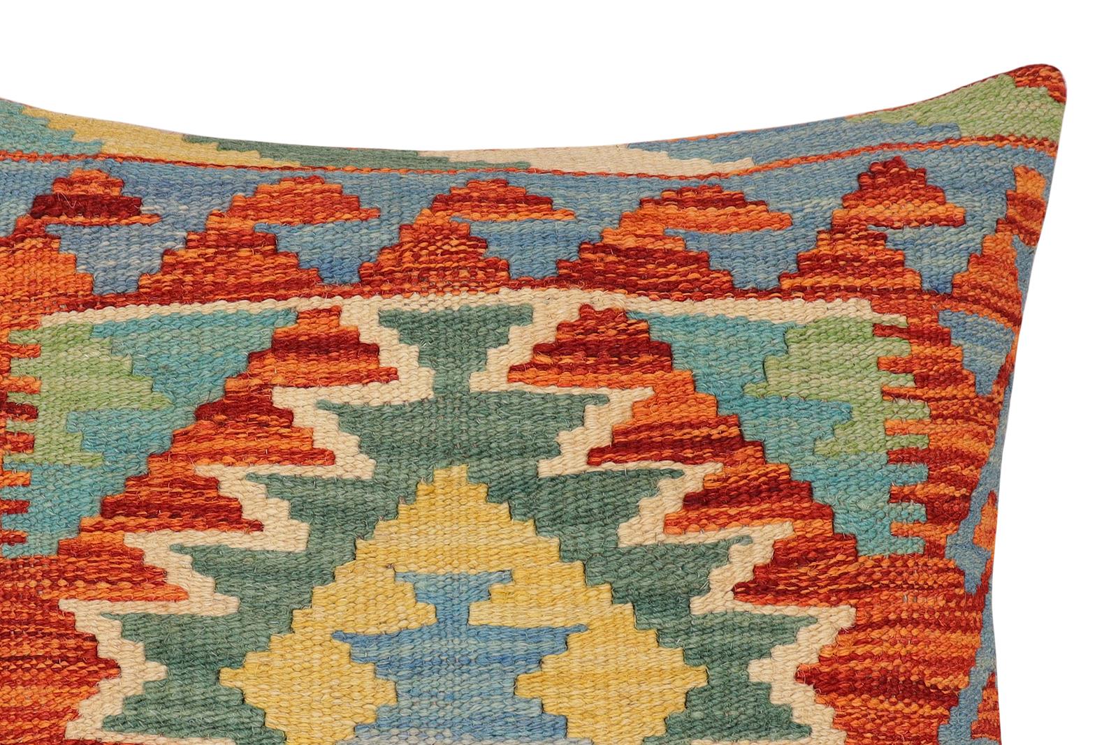 handmade Traditional Pillow Rust Blue Hand-Woven SQUARE 100% WOOL Hand woven turkish pillow2' x 2'