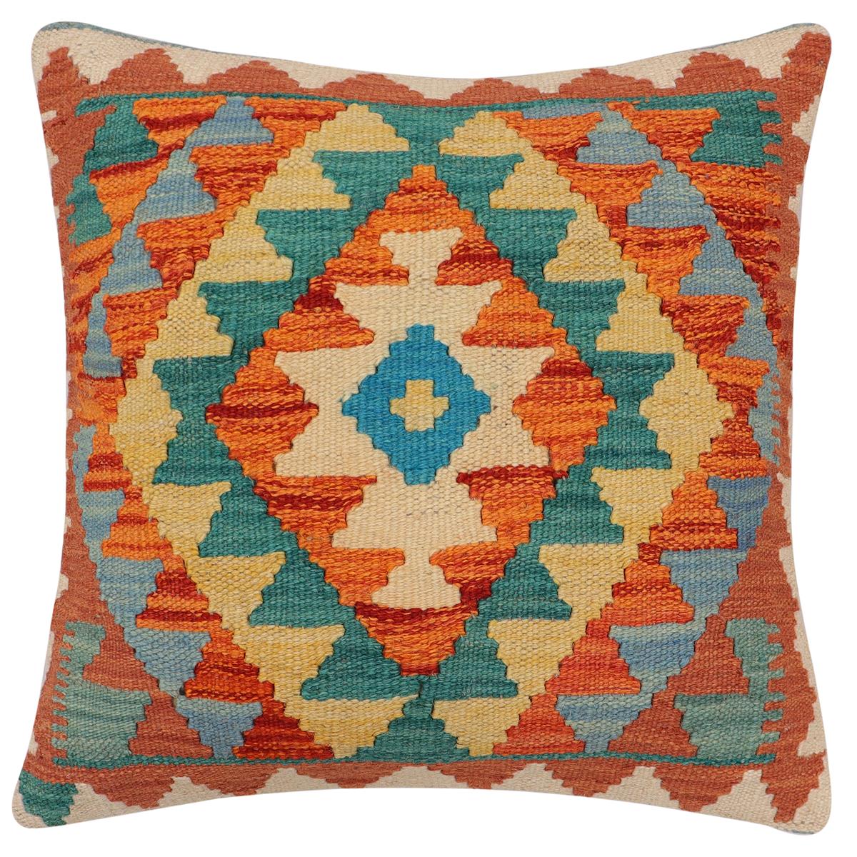 handmade Traditional Pillow Rust Blue Hand-Woven SQUARE 100% WOOL Hand woven turkish pillow2' x 2'
