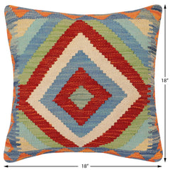 handmade Traditional Pillow Rust Blue Hand-Woven SQUARE 100% WOOL Hand woven turkish pillow2' x 2'