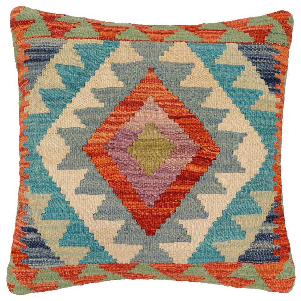 handmade Traditional Pillow Rust Blue Hand-Woven SQUARE 100% WOOL Hand woven turkish pillow2' x 2'