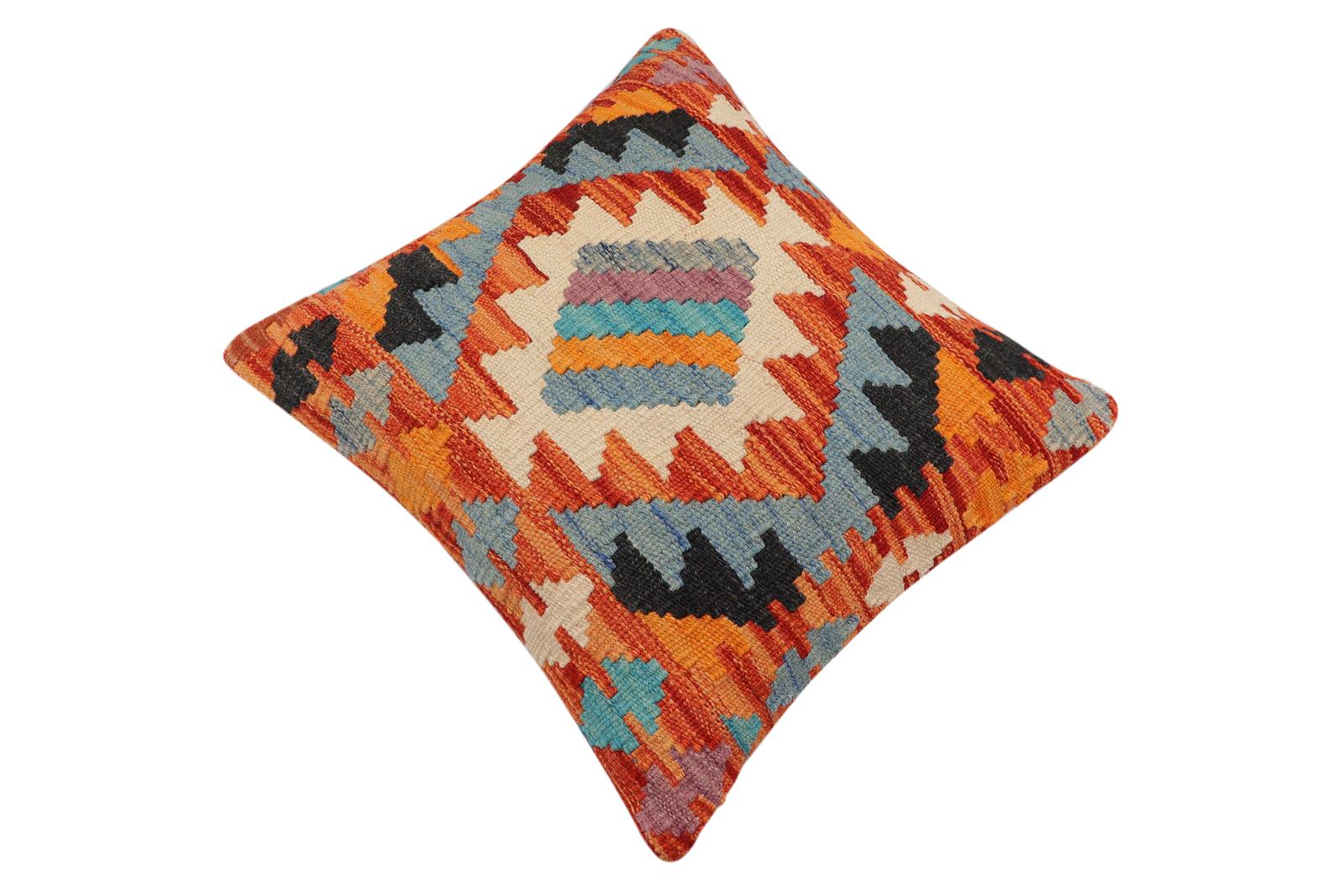 handmade Traditional Pillow Rust Blue Hand-Woven SQUARE 100% WOOL  Hand woven turkish pillow  2 x 2