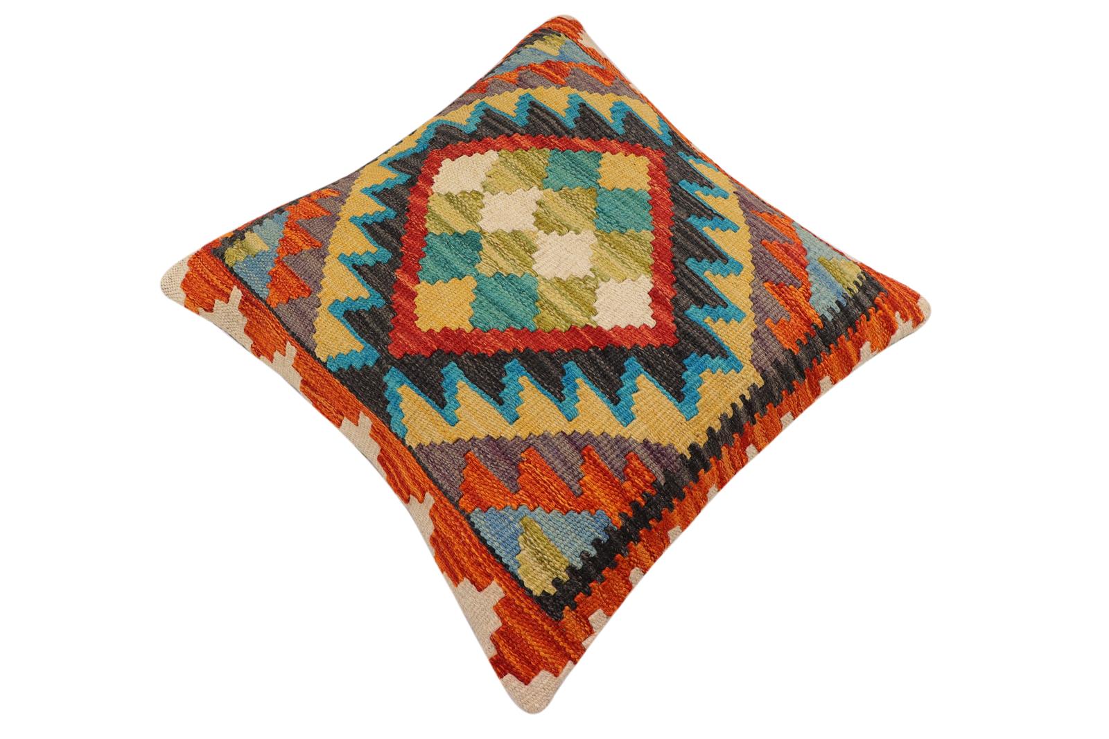 handmade Traditional Pillow Rust Blue Hand-Woven SQUARE 100% WOOL  Hand woven turkish pillow  2 x 2