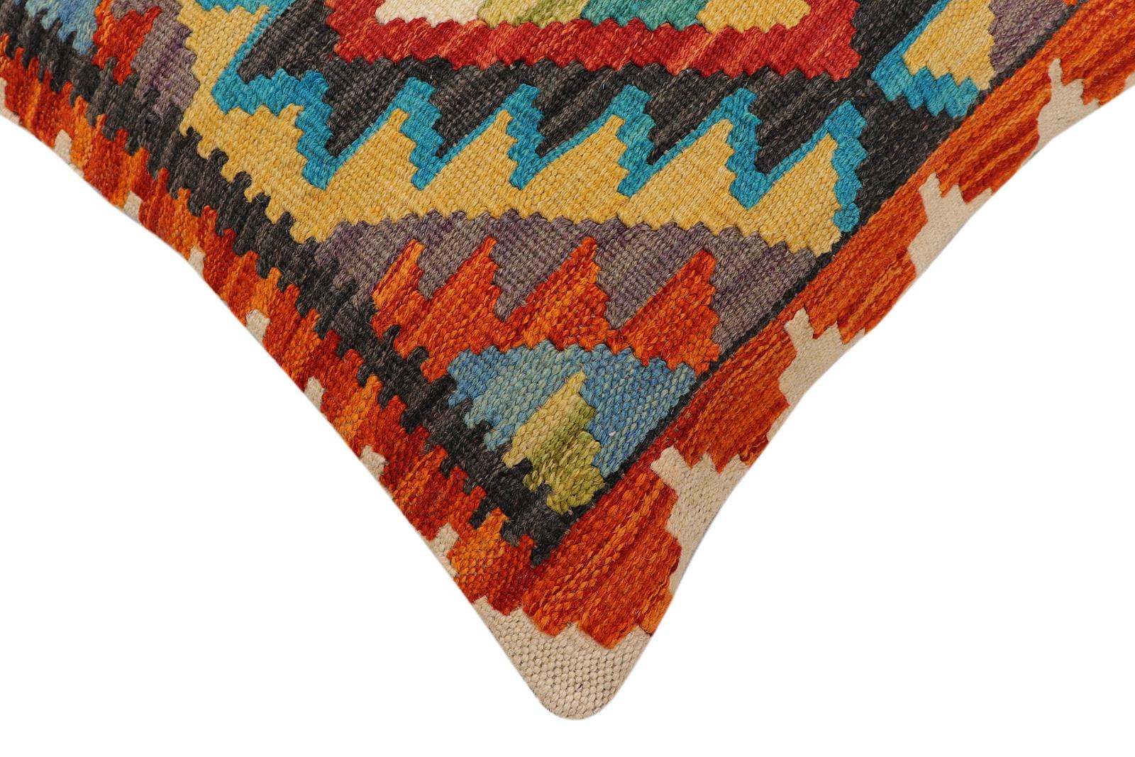 handmade Traditional Pillow Rust Blue Hand-Woven SQUARE 100% WOOL  Hand woven turkish pillow  2 x 2