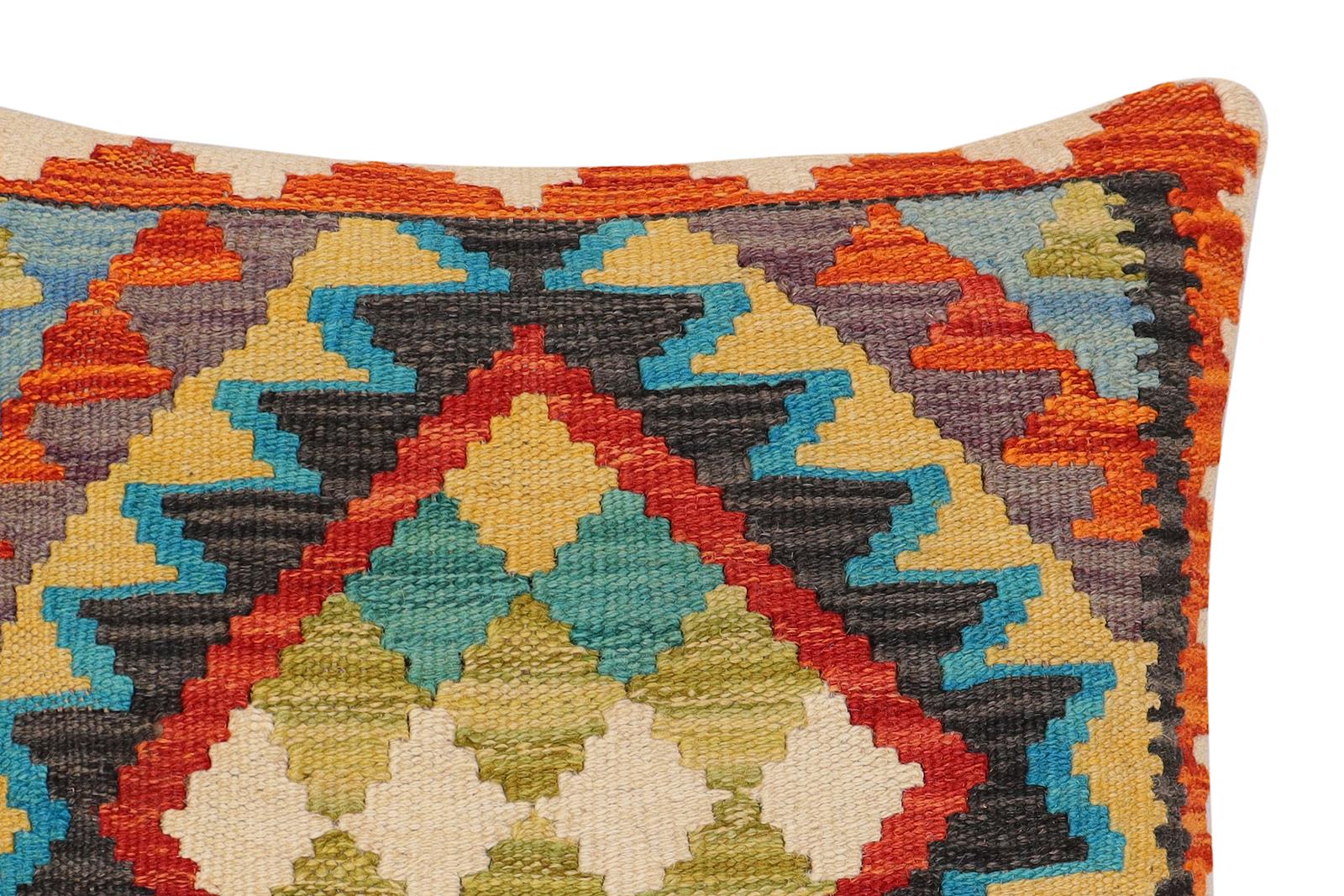 handmade Traditional Pillow Rust Blue Hand-Woven SQUARE 100% WOOL  Hand woven turkish pillow  2 x 2