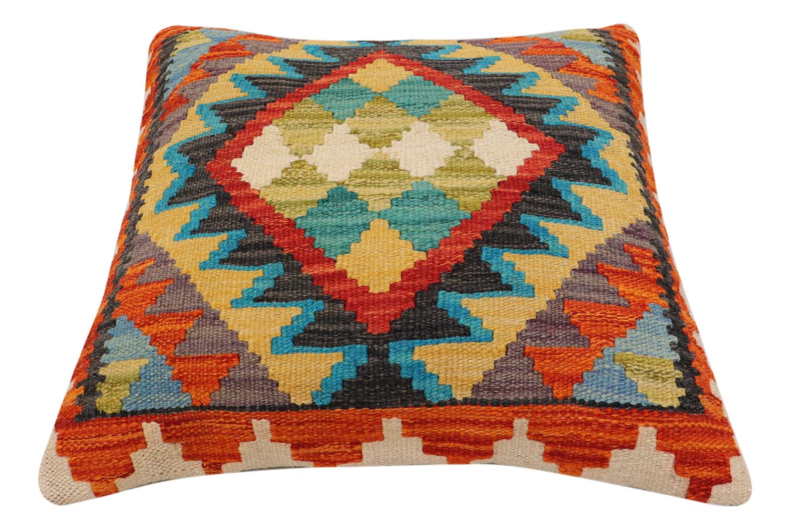 handmade Traditional Pillow Rust Blue Hand-Woven SQUARE 100% WOOL  Hand woven turkish pillow  2 x 2