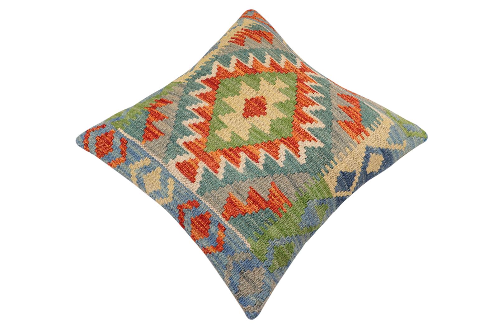 handmade Traditional Pillow Rust Blue Hand-Woven SQUARE 100% WOOL Hand woven turkish pillow2' x 2'
