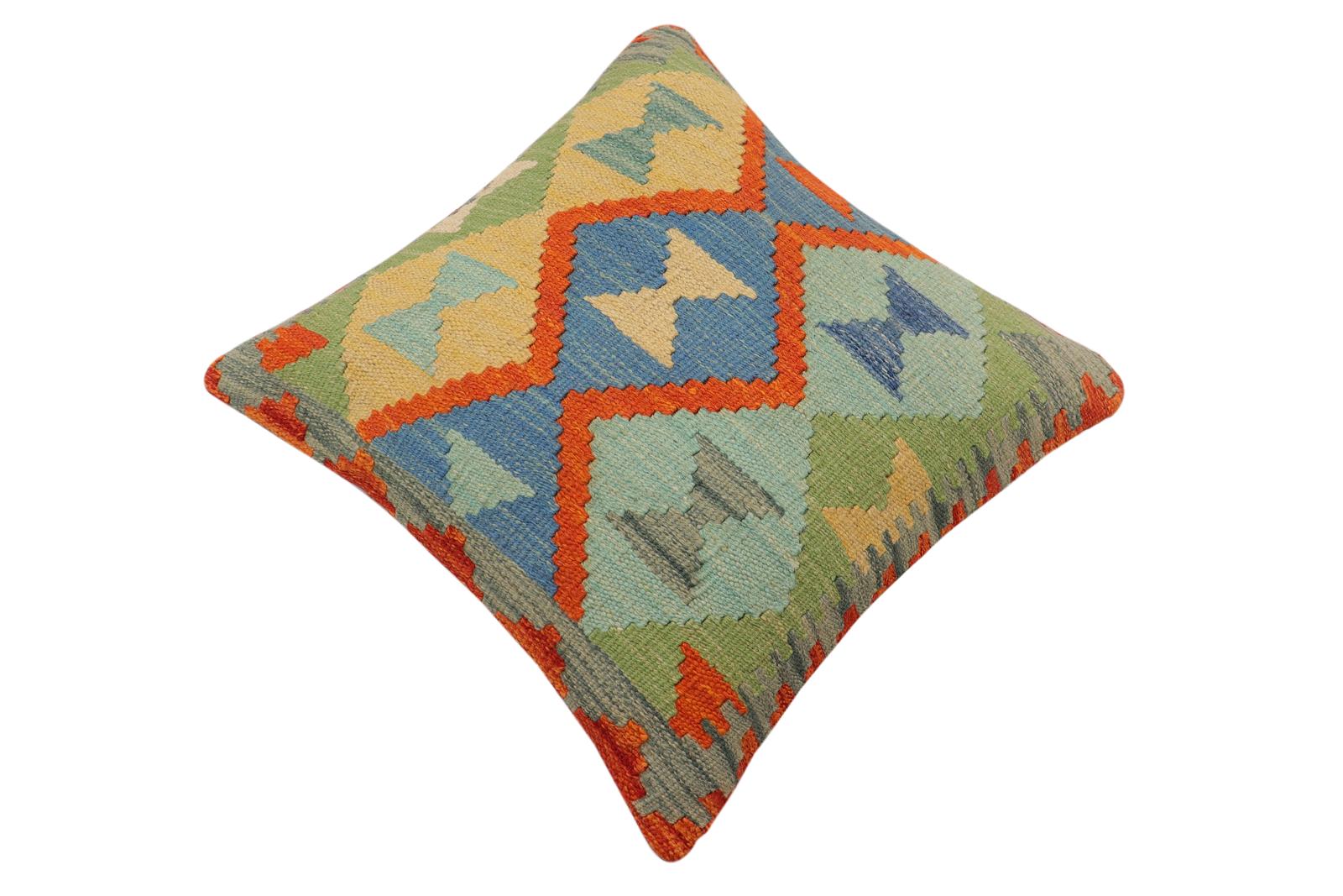 handmade Traditional Pillow Rust Blue Hand-Woven SQUARE 100% WOOL Hand woven turkish pillow2' x 2'