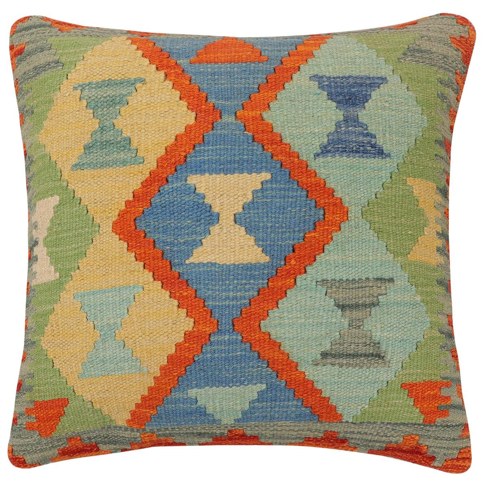 handmade Traditional Pillow Rust Blue Hand-Woven SQUARE 100% WOOL Hand woven turkish pillow2' x 2'