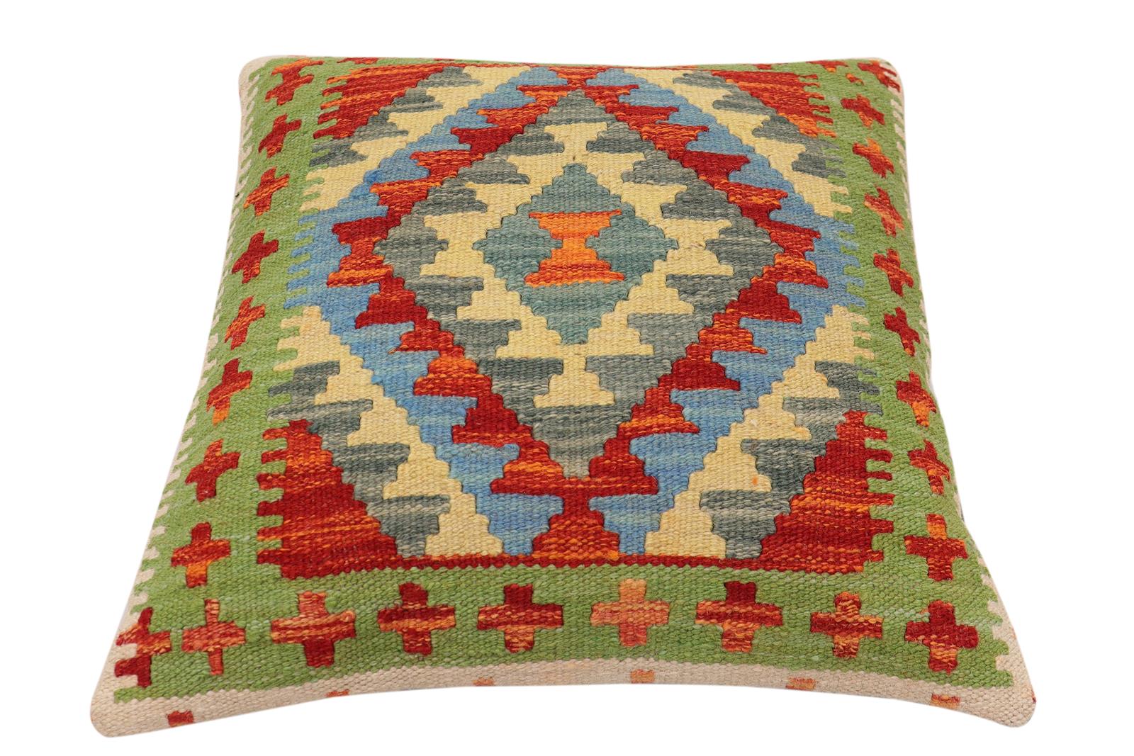 handmade Traditional Pillow Rust Blue Hand-Woven SQUARE 100% WOOL Hand woven turkish pillow2' x 2'