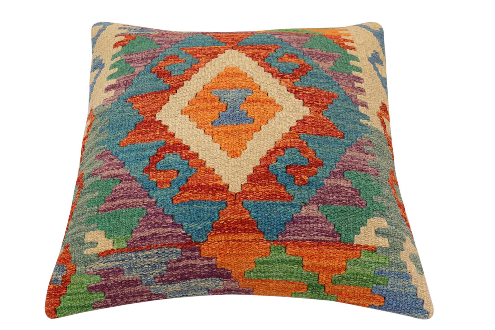 handmade Traditional Pillow Rust Blue Hand-Woven SQUARE 100% WOOL Hand woven turkish pillow2' x 2'
