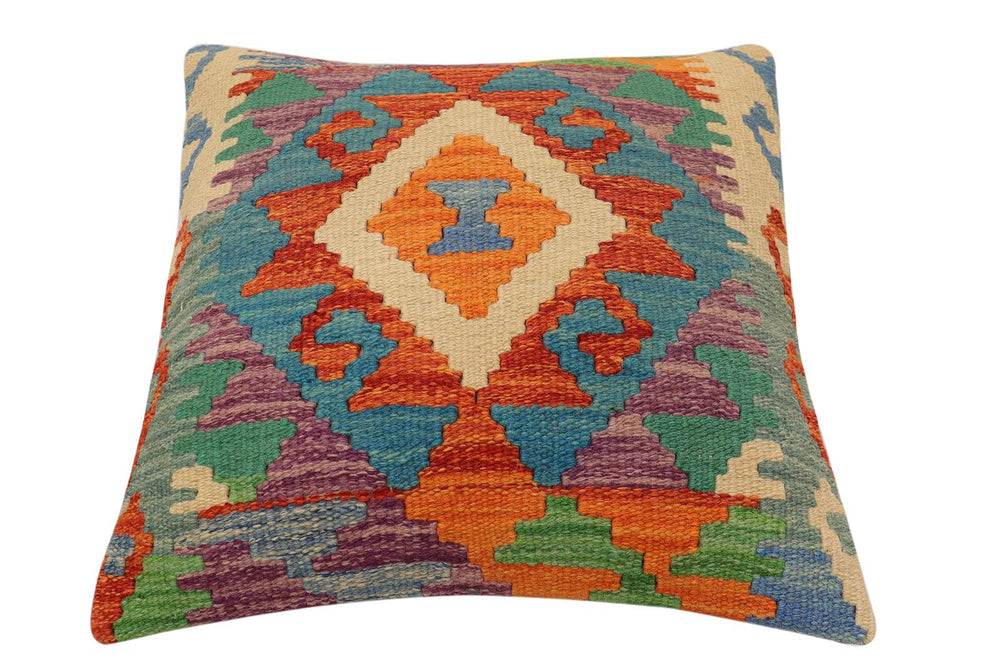 handmade Traditional Pillow Rust Blue Hand-Woven SQUARE 100% WOOL Hand woven turkish pillow2' x 2'