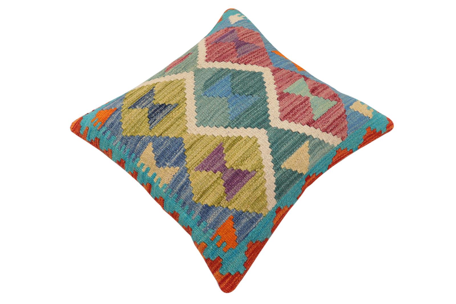 handmade Traditional Pillow Rust Blue Hand-Woven SQUARE 100% WOOL Hand woven turkish pillow2' x 2'