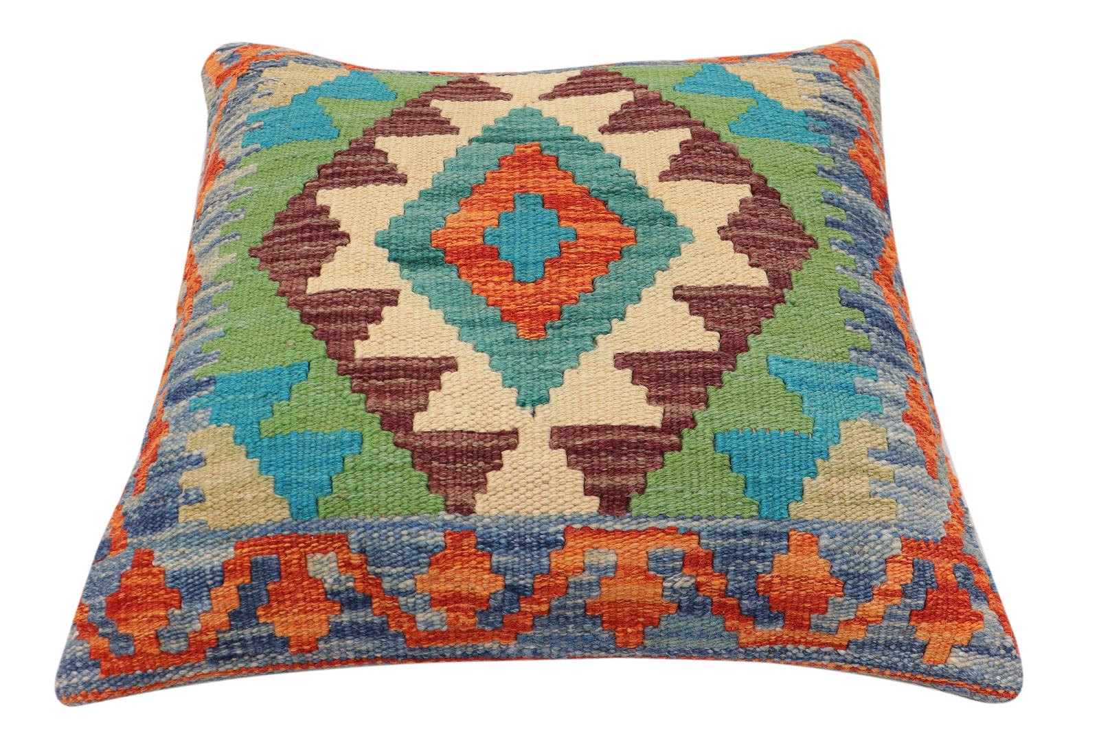handmade Traditional Pillow Rust Blue Hand-Woven SQUARE 100% WOOL Hand woven turkish pillow2' x 2'