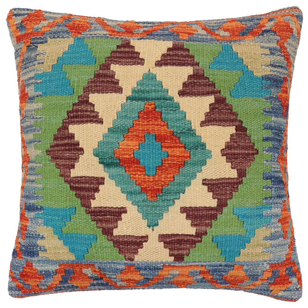handmade Traditional Pillow Rust Blue Hand-Woven SQUARE 100% WOOL Hand woven turkish pillow2' x 2'