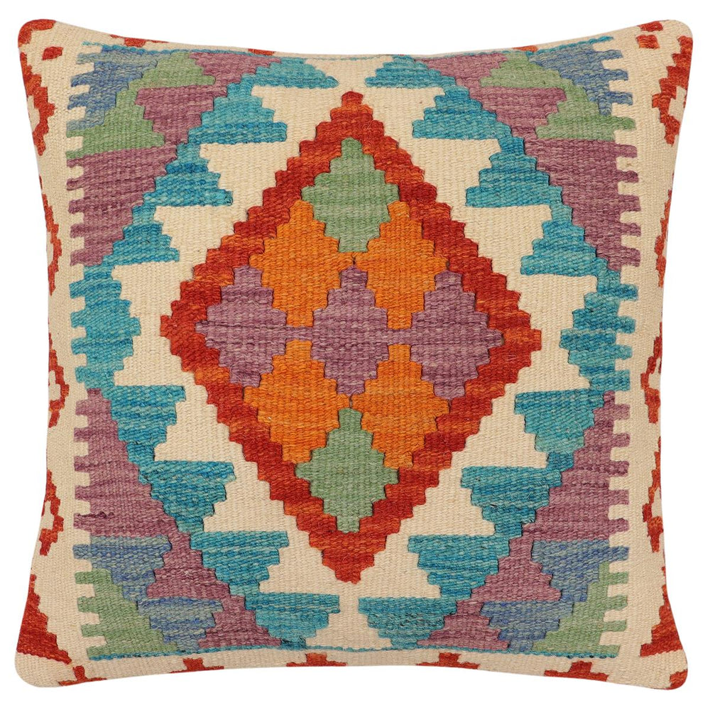 handmade Traditional Pillow Rust Blue Hand-Woven SQUARE 100% WOOL Hand woven turkish pillow2' x 2'