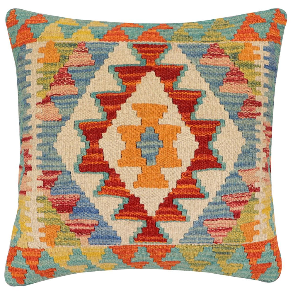 handmade Traditional Pillow Rust Blue Hand-Woven SQUARE 100% WOOL Hand woven turkish pillow2' x 2'