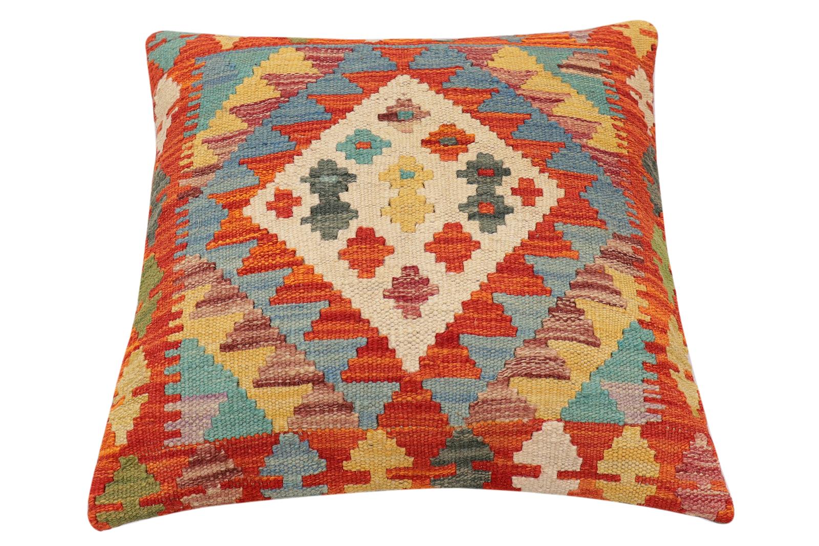 handmade Traditional Pillow Rust Blue Hand-Woven SQUARE 100% WOOL Hand woven turkish pillow2' x 2'