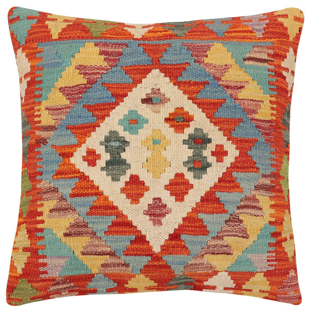 handmade Traditional Pillow Rust Blue Hand-Woven SQUARE 100% WOOL Hand woven turkish pillow2' x 2'