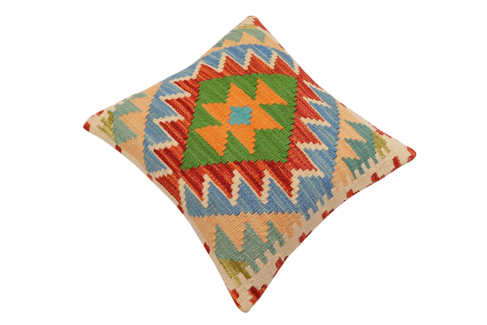 handmade Traditional Pillow Rust Blue Hand-Woven SQUARE 100% WOOL  Hand woven turkish pillow  3 x 5